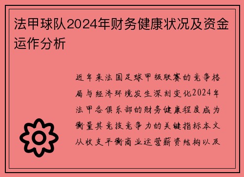 法甲球队2024年财务健康状况及资金运作分析